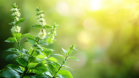 Sacred Tulsi plant with space for text on a soft background. Holy plant in Hinduism.の素材