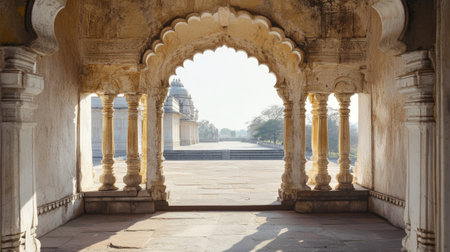 Jain pilgrimage site seen through a temple arch, no people, bright sky, copy space availableの素材