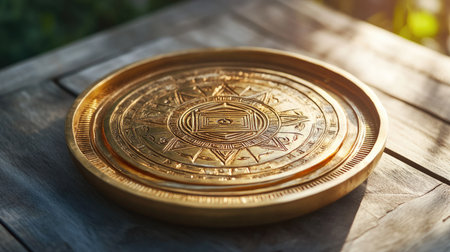 Jain yantra inscribed on a golden plate, no people, serene background, ample space for textの素材