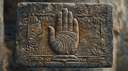 Sacred Jain hand symbol (Ahimsa) engraved on a stone tablet, no people, soft light, copy spaceの素材