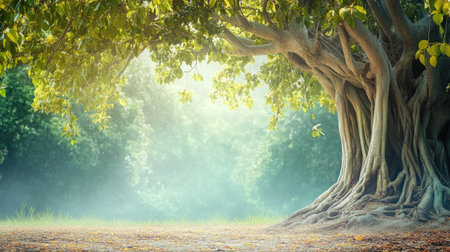 Sacred Banyan tree with space for text on a serene background. Symbol of immortality.の素材