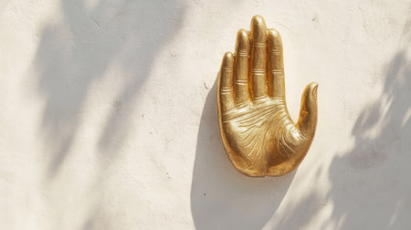 Sacred Jain hand symbol (Ahimsa) in a minimalist white setting, no people, space for textの素材