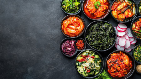 Top view of a colorful assortment of Korean banchan, including kimchi, pickled radish, and seaweed salad. Copy space.の素材