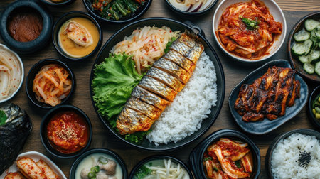 Top view of a colorful spread of Korean dishes, including kimchi, rice, and grilled fish. Copy space.の素材