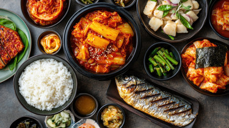 Top view of a colorful spread of Korean dishes, including kimchi, rice, and grilled fish. Copy space.の素材