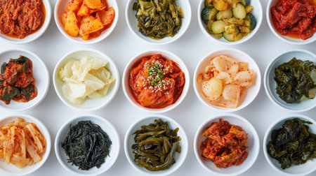 Top view of a colorful spread of Korean side dishes, including kimchi, pickles, and seaweed. Copy space.の素材