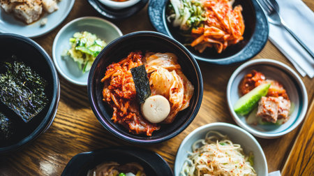 Top view of a colorful spread of Korean side dishes, including kimchi, pickles, and seaweed. Copy space.の素材