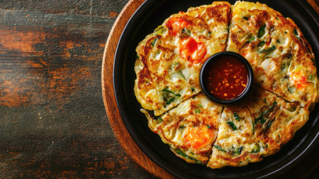 Top view of a crispy serving of haemul pajeon, seafood pancake with dipping sauce. Copy space.の素材