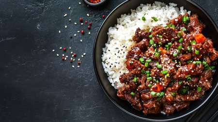 Top view of a delicious serving of Korean marinated beef bulgogi with rice. Copy space.の素材