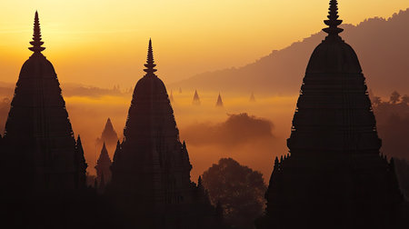 Jain temple spires silhouetted against a dawn sky, calm atmosphere, no people, ample space for textの素材