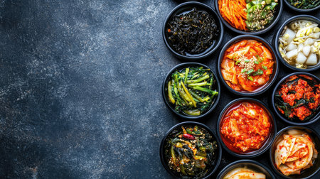 Top view of a colorful spread of Korean banchan, including kimchi, seaweed, and pickles. Copy space.の素材