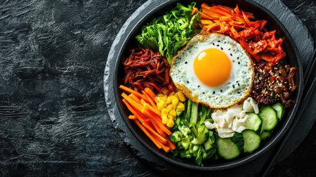 Top view of a sizzling hot stone bibimbap, colorful vegetables, and a fried egg in the center. Copy space.の素材