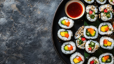 Top view of a colorful assortment of gimbap rolls with pickled radish and dipping sauce. Copy space.の素材