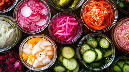 Top view of a colorful assortment of Korean pickles, including cucumber and radish. Copy space.の素材