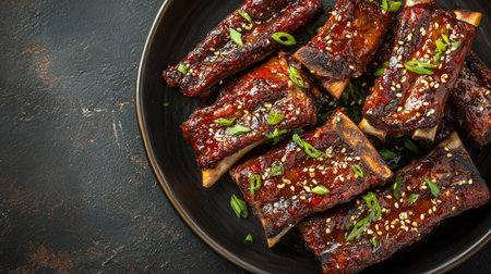 Top view of a delicious serving of Korean marinated beef ribs, galbijjim. Copy space.の素材