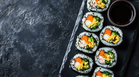 Top view of a colorful assortment of gimbap rolls with pickled radish and dipping sauce. Copy space.の素材