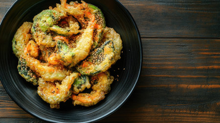 Top view of a crispy serving of Korean vegetable tempura, yachae twigim. Copy space.の素材