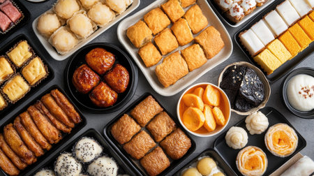 Top view of a spread of traditional Korean desserts, including hotteok and yakgwa. Copy space. xの素材