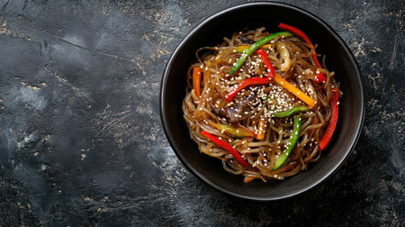 Top view of a delicious serving of Korean japchae with sesame seeds and vegetables. Copy space.の素材