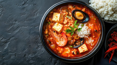 Top view of a hearty serving of soondubu jjigae, soft tofu stew with seafood, and rice. Copy space.の素材