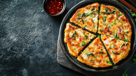 Top view of a crispy serving of haemul pajeon, seafood pancake with dipping sauce. Copy space.の素材