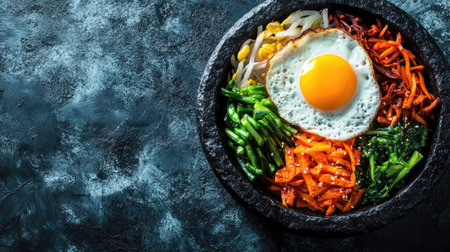 Top view of a sizzling hot stone bibimbap, colorful vegetables, and a fried egg in the center. Copy space.の素材