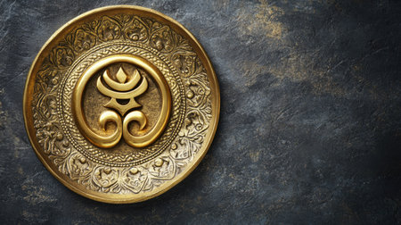 Sacred Jain Om symbol embossed on a golden plate, no people, dark background, ample copy spaceの素材
