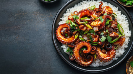 Top view of a plate of spicy stir-fried octopus, nakji bokkeum, with rice. Copy space.の素材