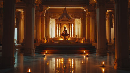 Serene Jain temple interior with soft lighting and glowing lamps, no people, tranquil atmosphere, copy spaceの素材