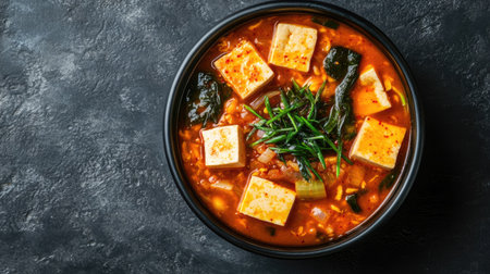 Top view of a vibrant bowl of Korean soybean paste stew, doenjang jjigae, with tofu. Copy space.の素材