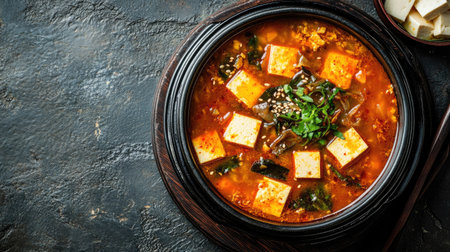 Top view of a vibrant bowl of Korean soybean paste stew, doenjang jjigae, with tofu. Copy space.の素材