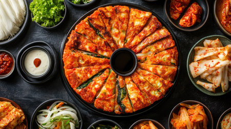 Top view of kimchi pancakes with dipping sauce, surrounded by small dishes of banchan. Copy space.の素材