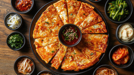 Top view of kimchi pancakes with dipping sauce, surrounded by small dishes of banchan. Copy space.の素材