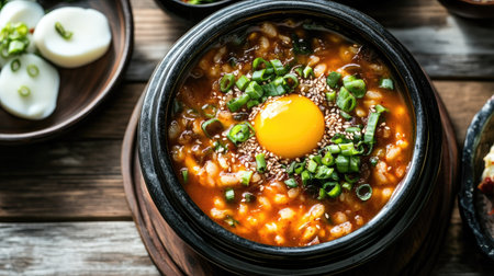 Top view of a traditional Korean New Year dish, tteokguk, rice cake soup with egg garnish. Copy space.の素材