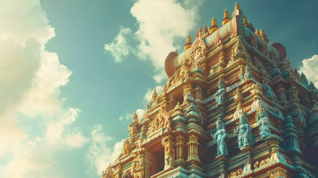 Temple Gopuram adorned with statues, with space for text in the sky. Architectural grandeur.の素材