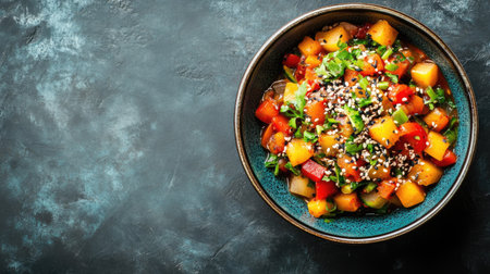 Top view of a vibrant bowl of Korean acorn jelly salad, dotori-muk, with vegetables. Copy space.の素材