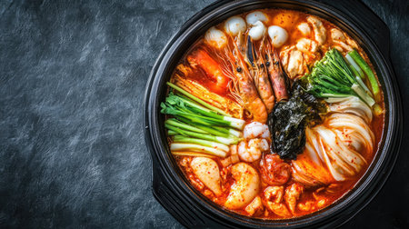 Top view of a flavorful serving of Korean hot pot, jeongol, with vegetables and seafood. Copy space.の素材