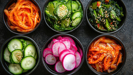 Top view of a colorful assortment of Korean pickles, including cucumber and radish. Copy space.の素材