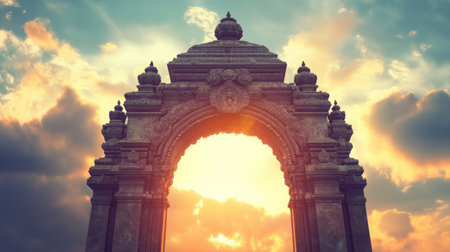 Traditional Hindu archway with space for text in the sky. Entrance to the divine.の素材
