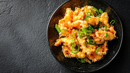 Top view of a crispy serving of Korean vegetable tempura, yachae twigim. Copy space.の素材