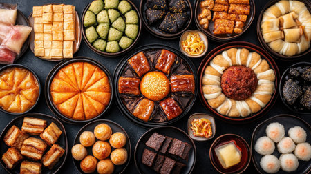 Top view of a spread of traditional Korean desserts, including hotteok and yakgwa. Copy space. xの素材