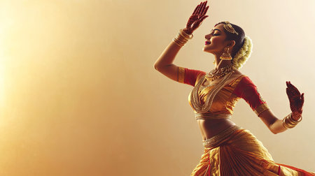 Traditional Hindu dance pose with space for text on a soft background. Cultural expression.の素材