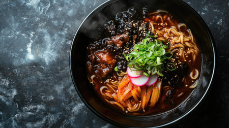 Top view of a steaming hot bowl of jjajangmyeon, black bean noodles with pickled radish. Copy space.の素材