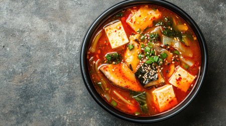 Top view of a vibrant bowl of Korean spicy fish stew, maeuntang, with vegetables and tofu. Copy space.の素材