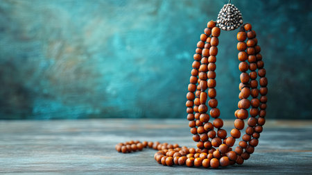 Traditional Jain mala beads in a peaceful setting, no people, minimalistic background, copy spaceの素材