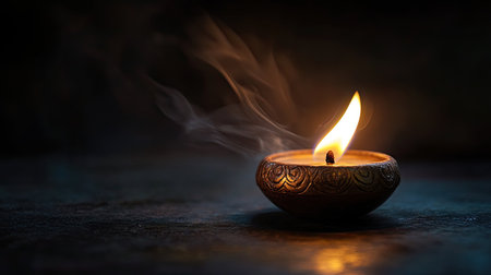 Traditional Jain deepak with a soft flame, no people, dark background, ample copy spaceの素材