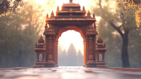 Traditional Hindu temple gateway with space for text on a serene background. Entrance to spirituality.の素材