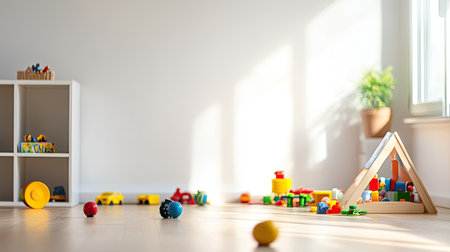 A bright, clean child playroom with scattered toys, leaving plenty of space for text on the open floor.の素材
