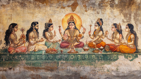 Traditional Hindu mural with space for text. Depicting ancient stories and deities.の素材