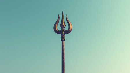Trishul (trident) against a clear sky, with space for text below. Symbol of Lord Shiva.の素材